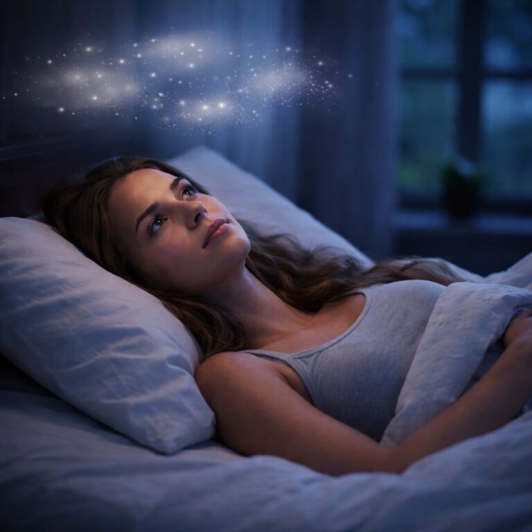 Frau liegt nachts wach im Bett und denkt nach – Gedanken nachts und Schlafprobleme