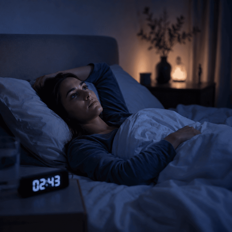 Frau liegt nachts wach im Bett und kann trotz Müdigkeit nicht einschlafen. Symbolbild für Schlafprobleme, Grübeln und innere Unruhe.